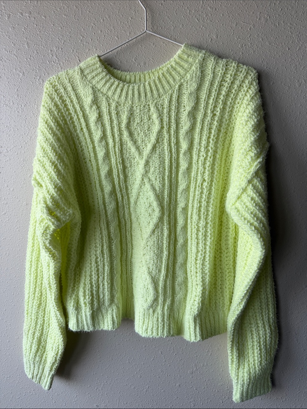 No Boundaries Neon Yellow Cable Crew Neck Sweater